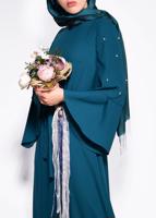 Tesettür giyim MAVİ İNCİ DETAYLI BELİ KUŞAKLI ELBİSE T 4310