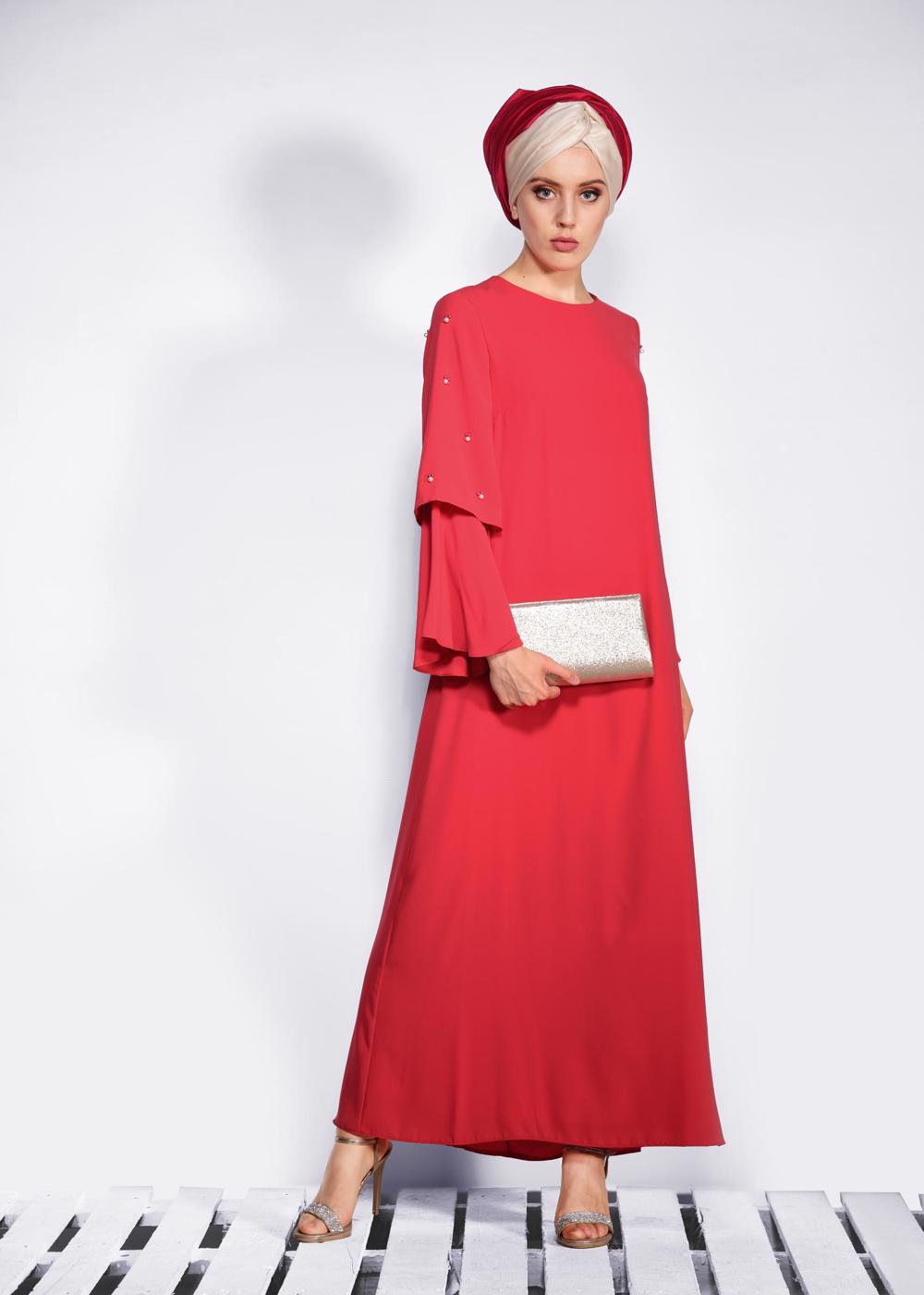 Tesettür giyim KIRMIZI İNCİ DETAYLI BELİ KUŞAKLI ELBİSE T 4310