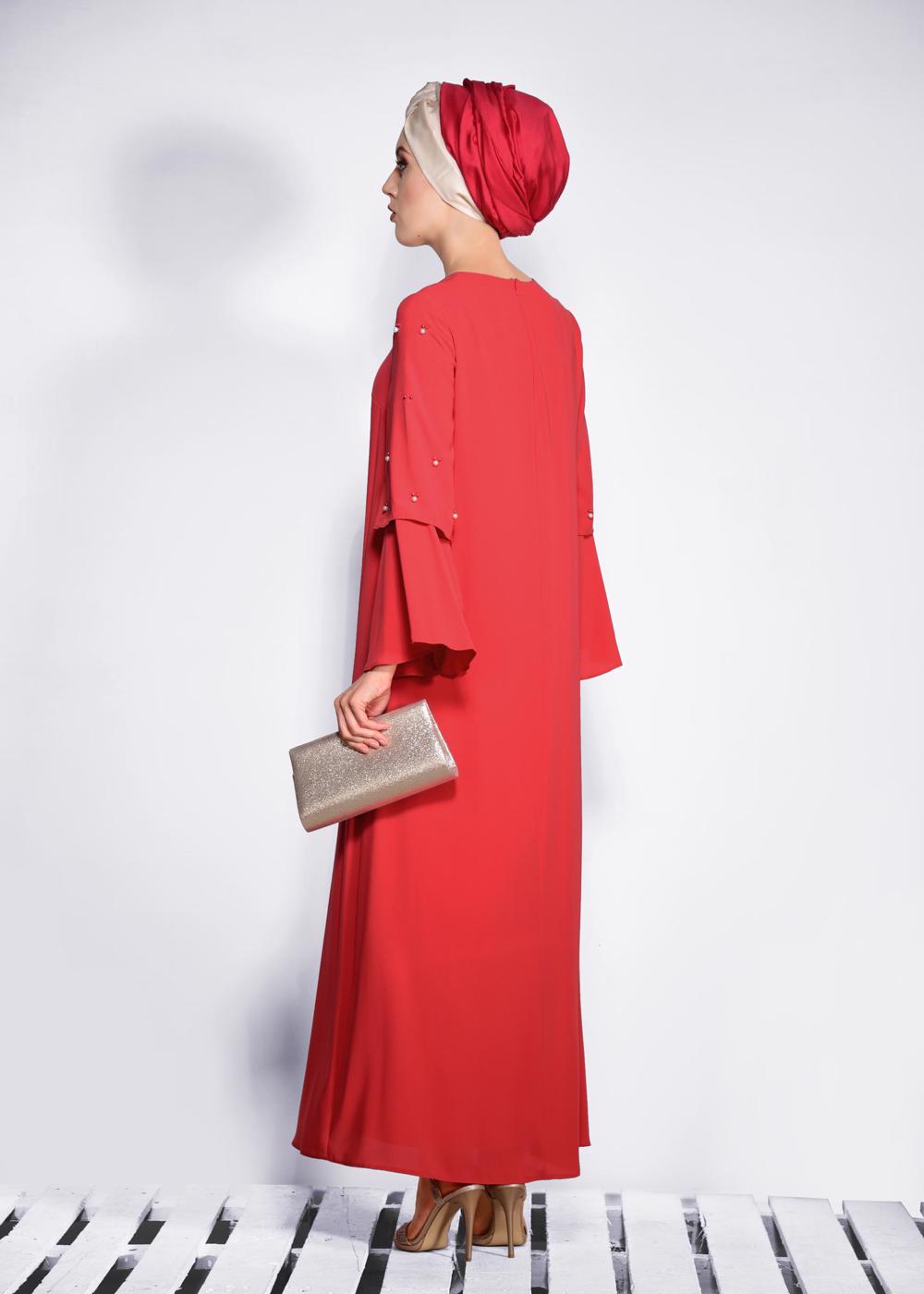 Tesettür giyim KIRMIZI İNCİ DETAYLI BELİ KUŞAKLI ELBİSE T 4310