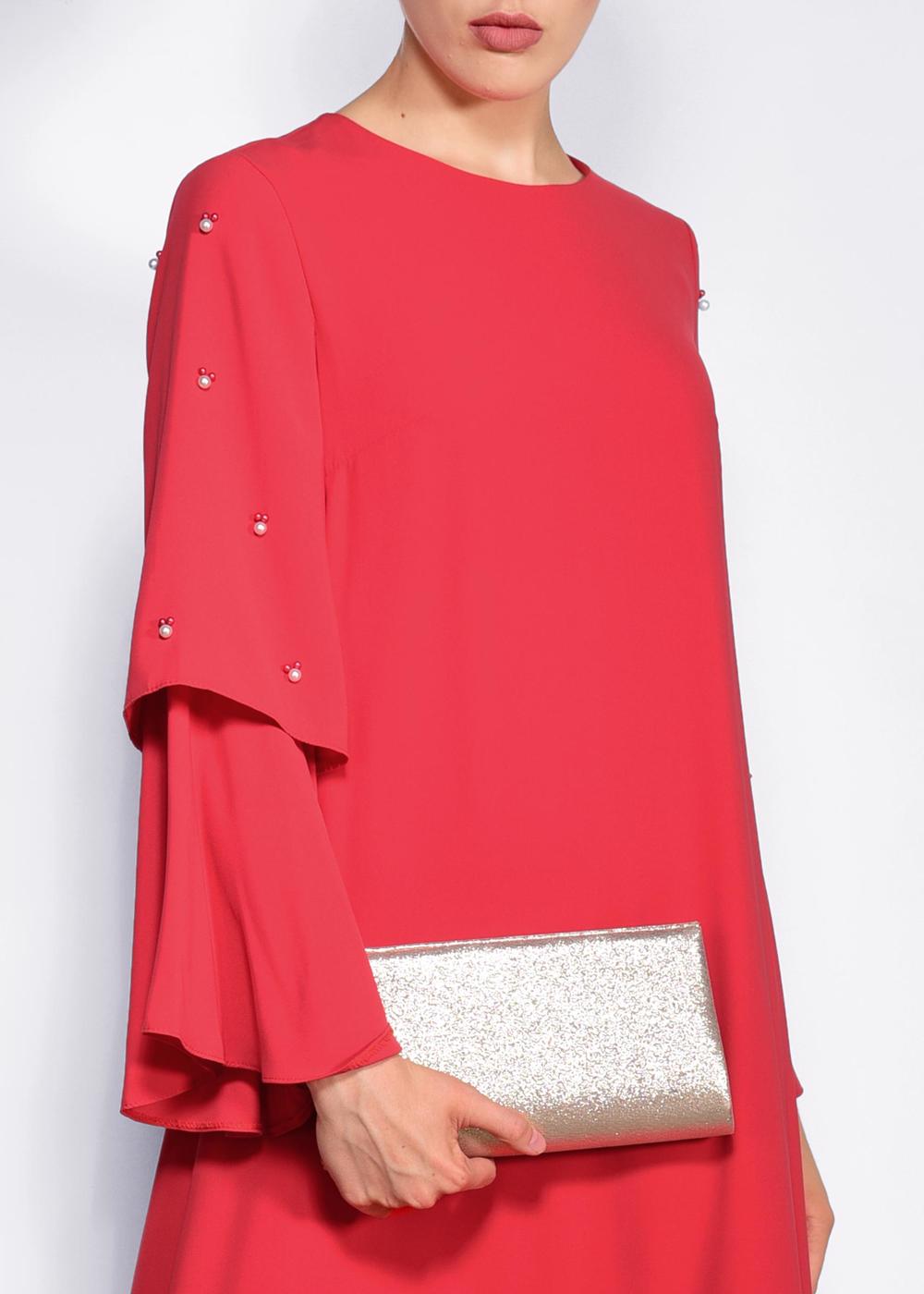 Tesettür giyim KIRMIZI İNCİ DETAYLI BELİ KUŞAKLI ELBİSE T 4310