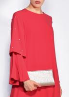 Tesettür giyim KIRMIZI İNCİ DETAYLI BELİ KUŞAKLI ELBİSE T 4310