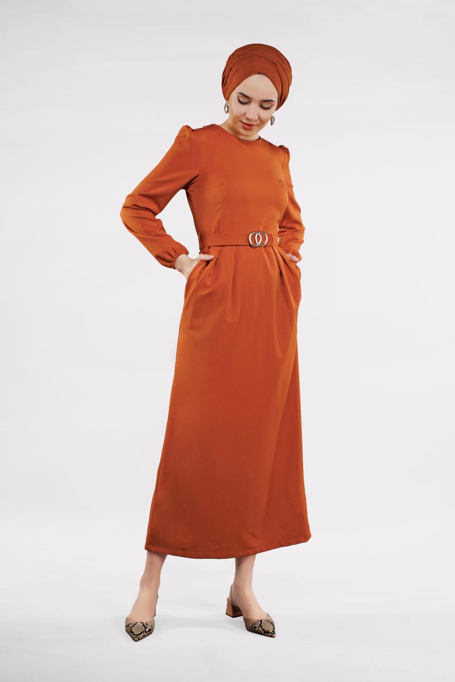Tesettür giyim TURUNCU BELDEN KEMERLİ CEPLİ ELBİSE 5223