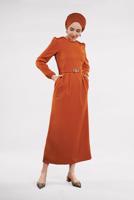 Tesettür giyim TURUNCU BELDEN KEMERLİ CEPLİ ELBİSE 5223