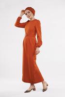 Tesettür giyim TURUNCU BELDEN KEMERLİ CEPLİ ELBİSE 5223