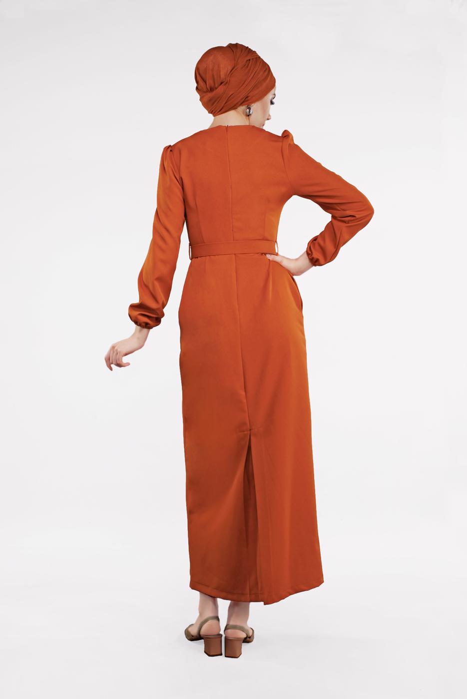 Tesettür giyim TURUNCU BELDEN KEMERLİ CEPLİ ELBİSE 5223