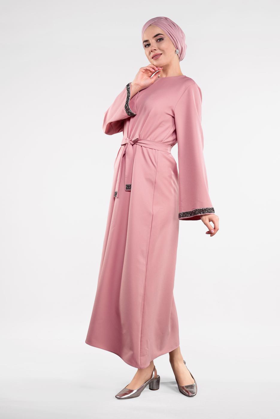 Tesettür giyim PUDRA SİM DETAYLI PAMUKLU ELBİSE 6323