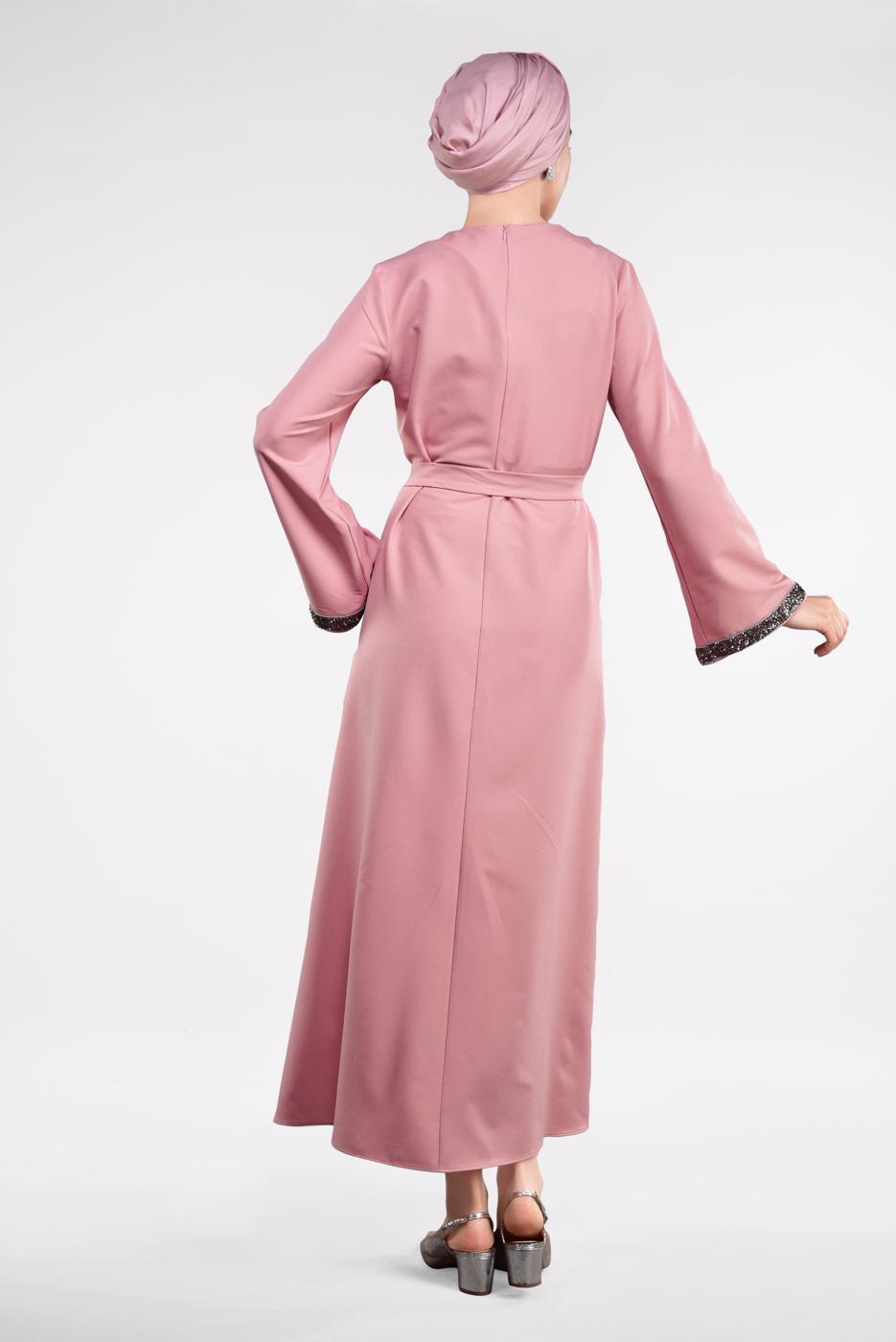 Tesettür giyim PUDRA SİM DETAYLI PAMUKLU ELBİSE 6323