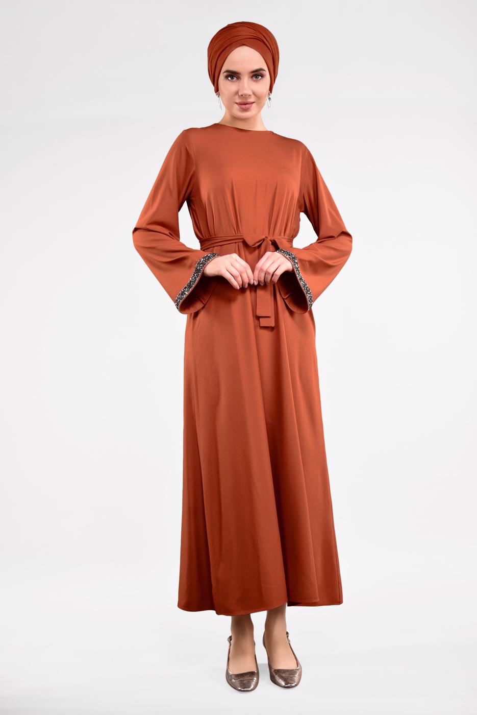 Tesettür giyim TABA SİM DETAYLI PAMUKLU ELBİSE 6323