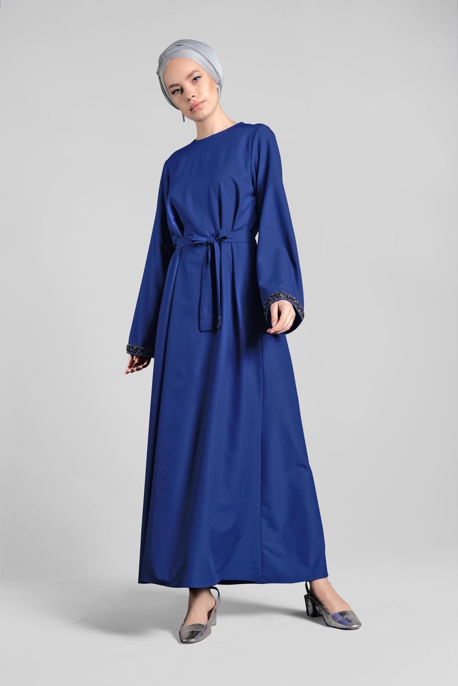 Tesettür giyim LACİVERT SİM DETAYLI PAMUKLU ELBİSE 6323