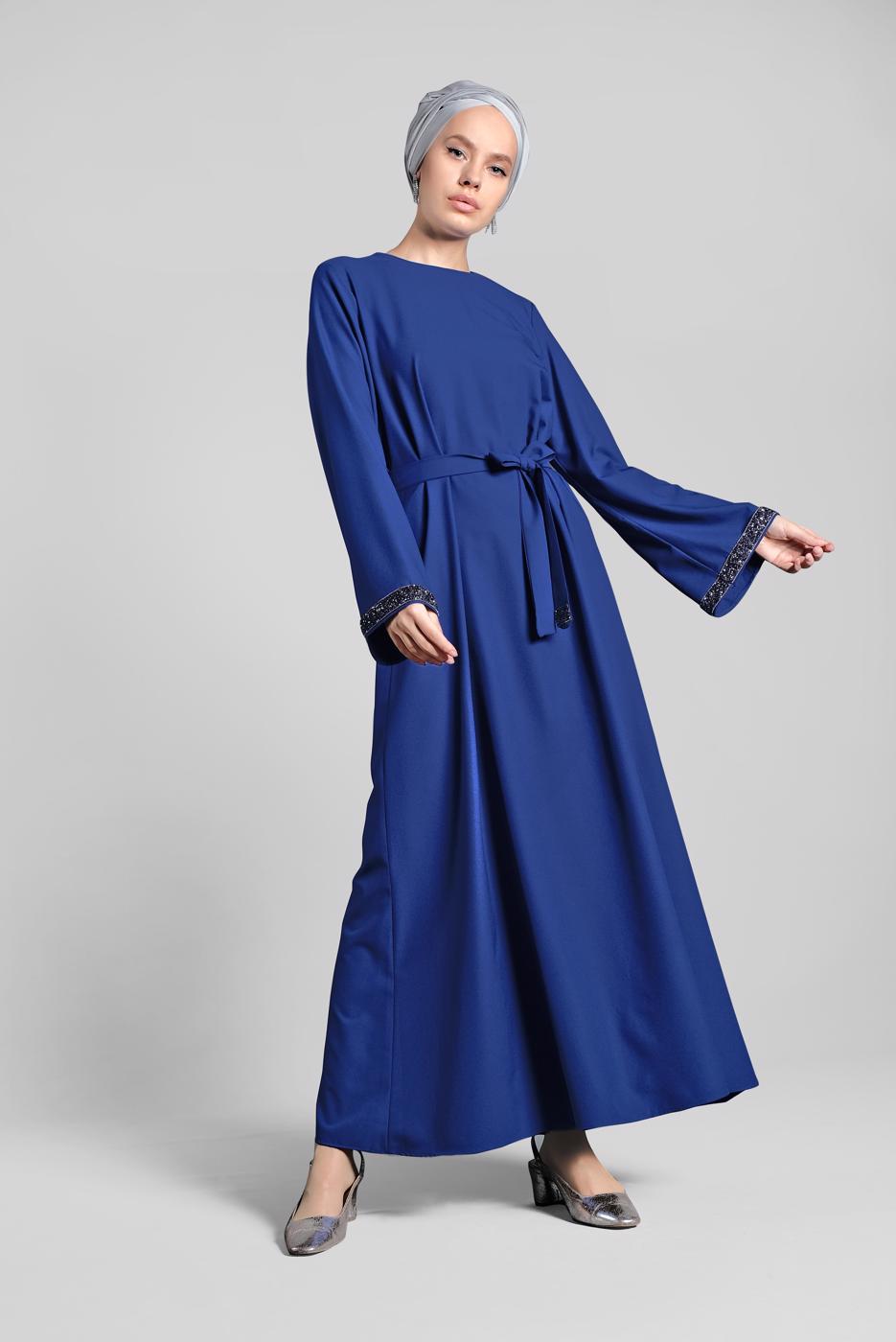 Tesettür giyim LACİVERT SİM DETAYLI PAMUKLU ELBİSE 6323