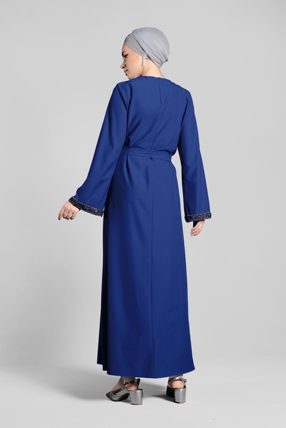 Tesettür giyim LACİVERT SİM DETAYLI PAMUKLU ELBİSE 6323