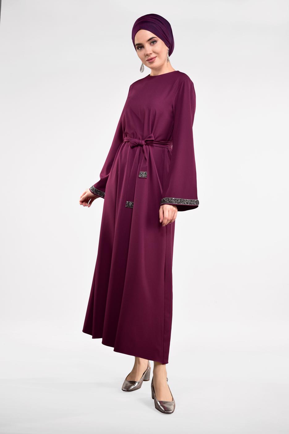 Tesettür giyim MOR SİM DETAYLI PAMUKLU ELBİSE 6323