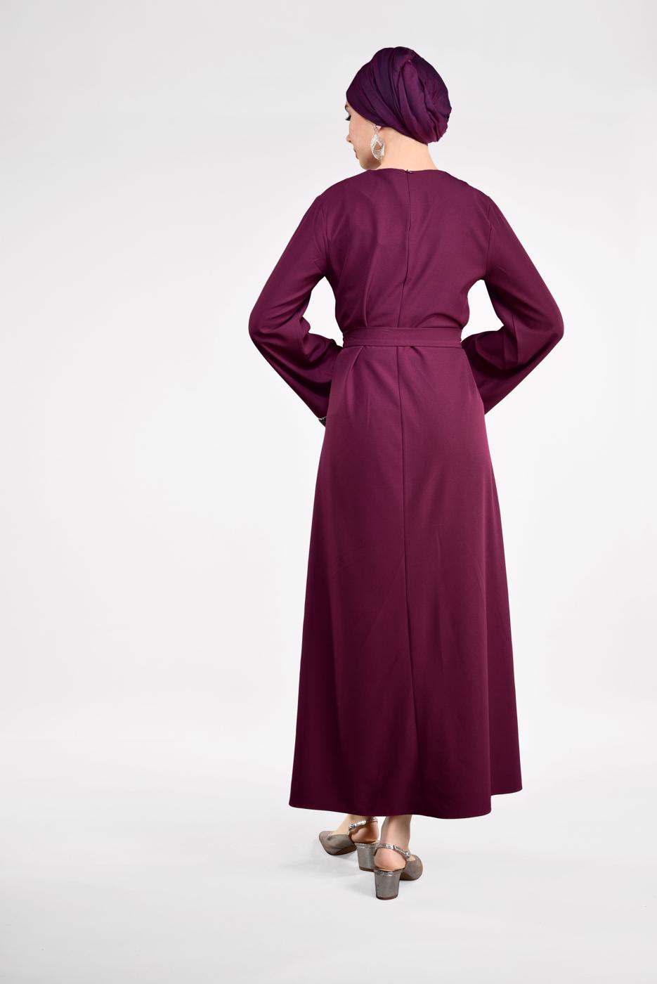 Tesettür giyim MOR SİM DETAYLI PAMUKLU ELBİSE 6323