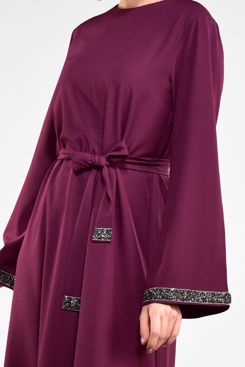 Tesettür giyim MOR SİM DETAYLI PAMUKLU ELBİSE 6323