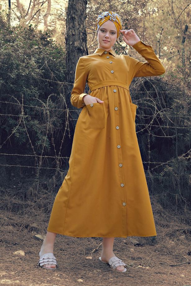 Tesettür giyim  CEPLİ BOYDAN DÜĞMELİ ELBİSE 6902  - TRENDTESETTÜR