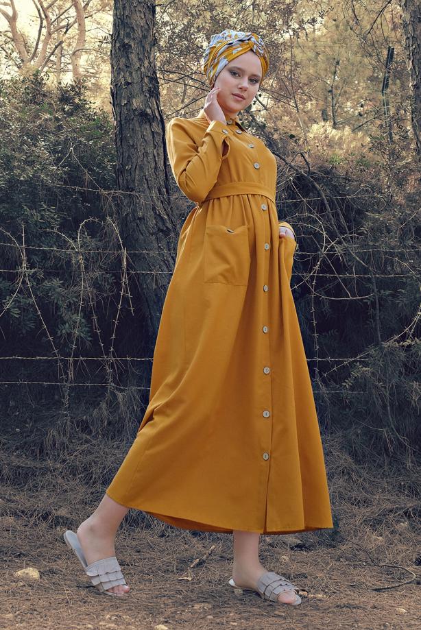 Tesettür giyim  CEPLİ BOYDAN DÜĞMELİ ELBİSE 6902  - TRENDTESETTÜR