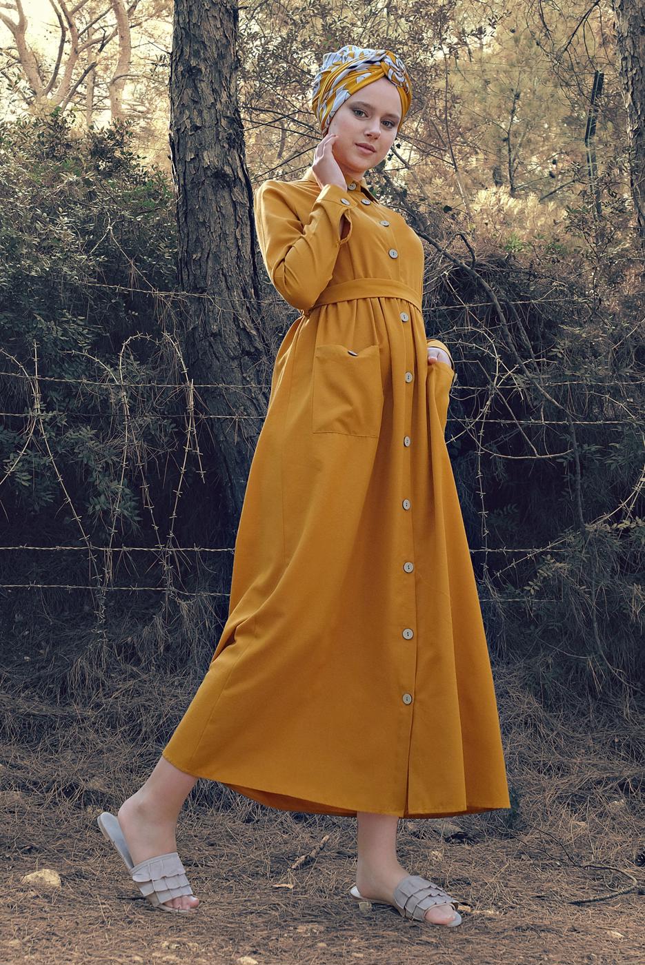 Tesettür giyim TURUNCU CEPLİ BOYDAN DÜĞMELİ ELBİSE 6902 