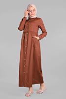 Tesettür giyim KAHVE CEPLİ BOYDAN DÜĞMELİ ELBİSE 6902 