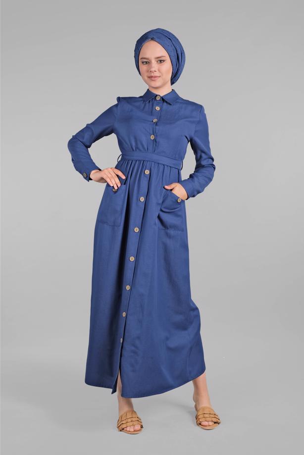 Tesettür giyim  CEPLİ BOYDAN DÜĞMELİ ELBİSE 6902  - TRENDTESETTÜR