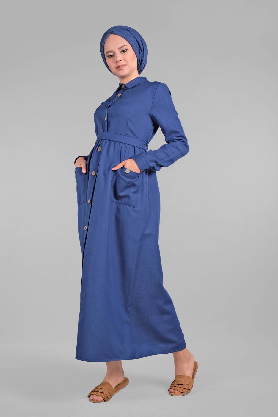 Tesettür giyim LACİVERT CEPLİ BOYDAN DÜĞMELİ ELBİSE 6902 