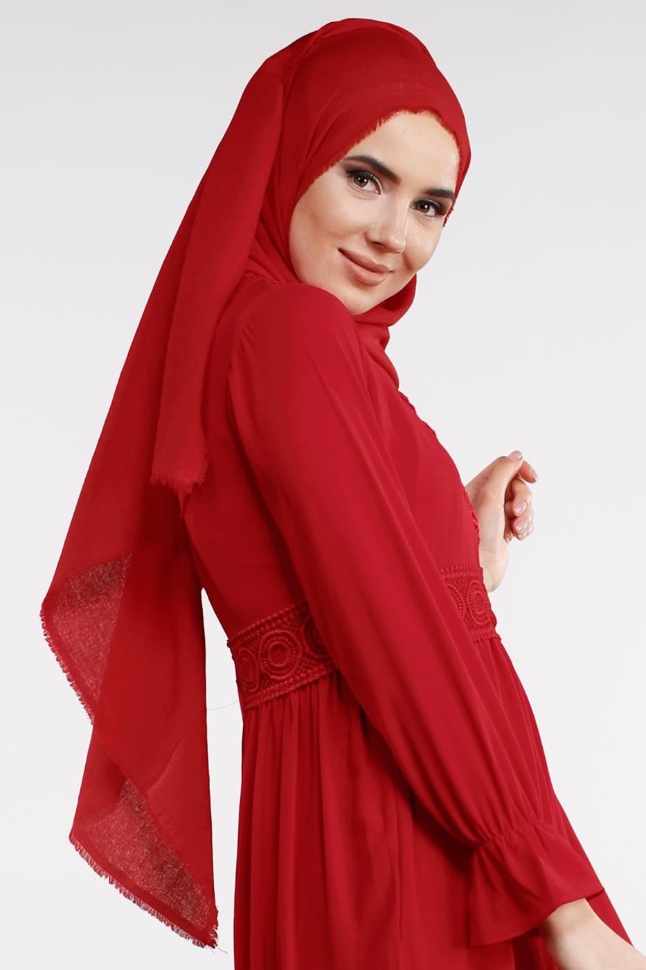Tesettür giyim KIRMIZI ETEĞİ VOLANLI ELBİSE 7523