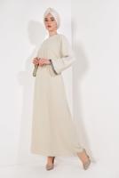 Hijab clothing BEIGE Silvery Detailed Tie Waist Dress T 7692 