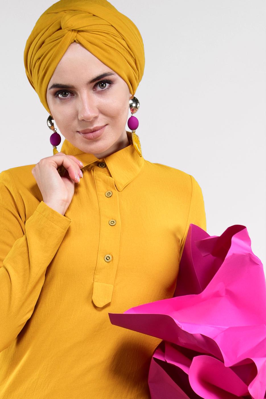 Tesettür giyim TURUNCU ETEK UCU VOLANLI PAMUKLU ELBİSE 8221