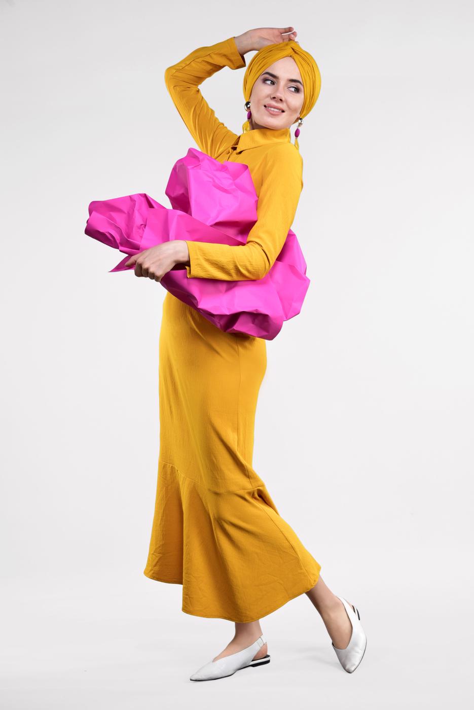 Tesettür giyim TURUNCU ETEK UCU VOLANLI PAMUKLU ELBİSE 8221