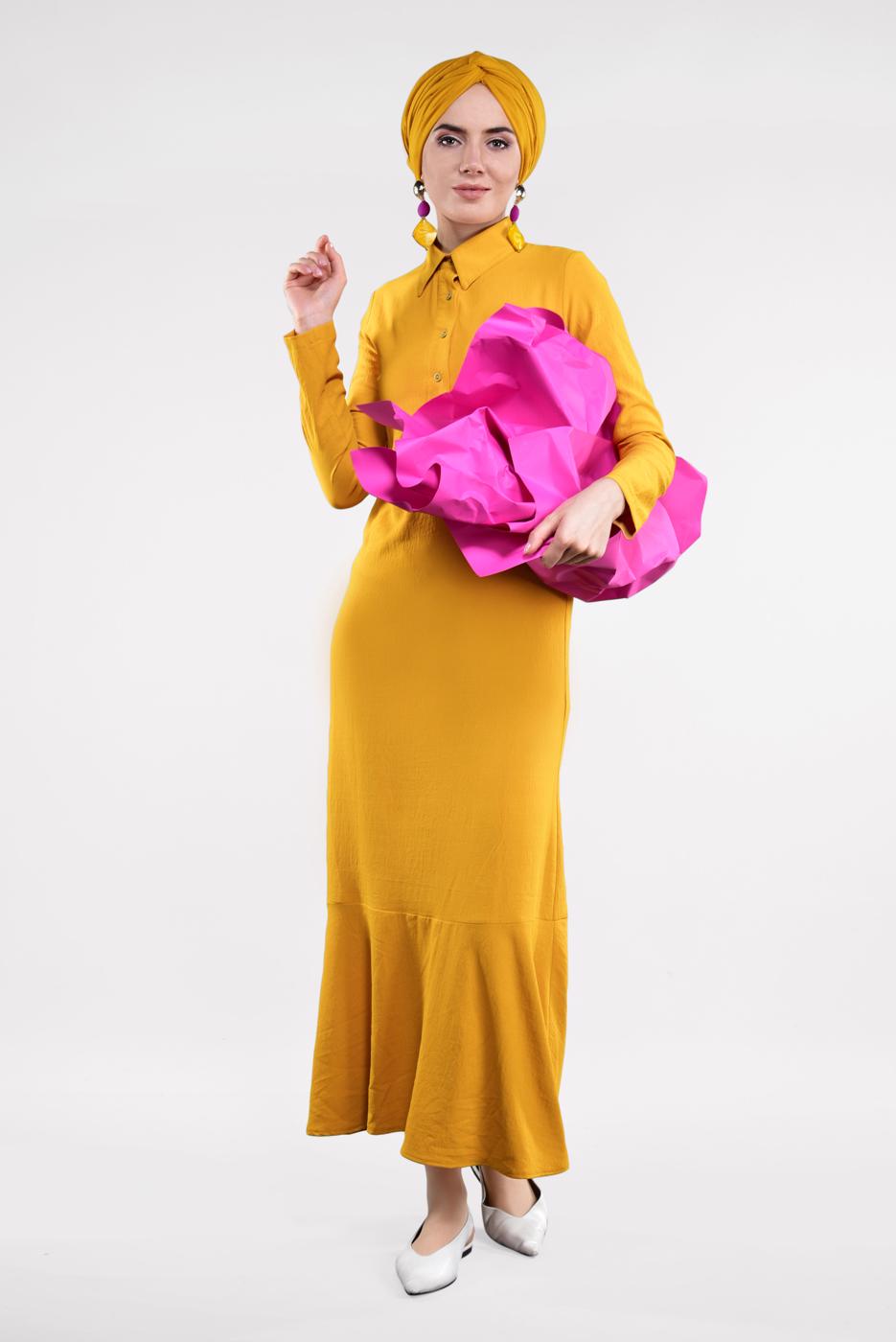 Tesettür giyim TURUNCU ETEK UCU VOLANLI PAMUKLU ELBİSE 8221