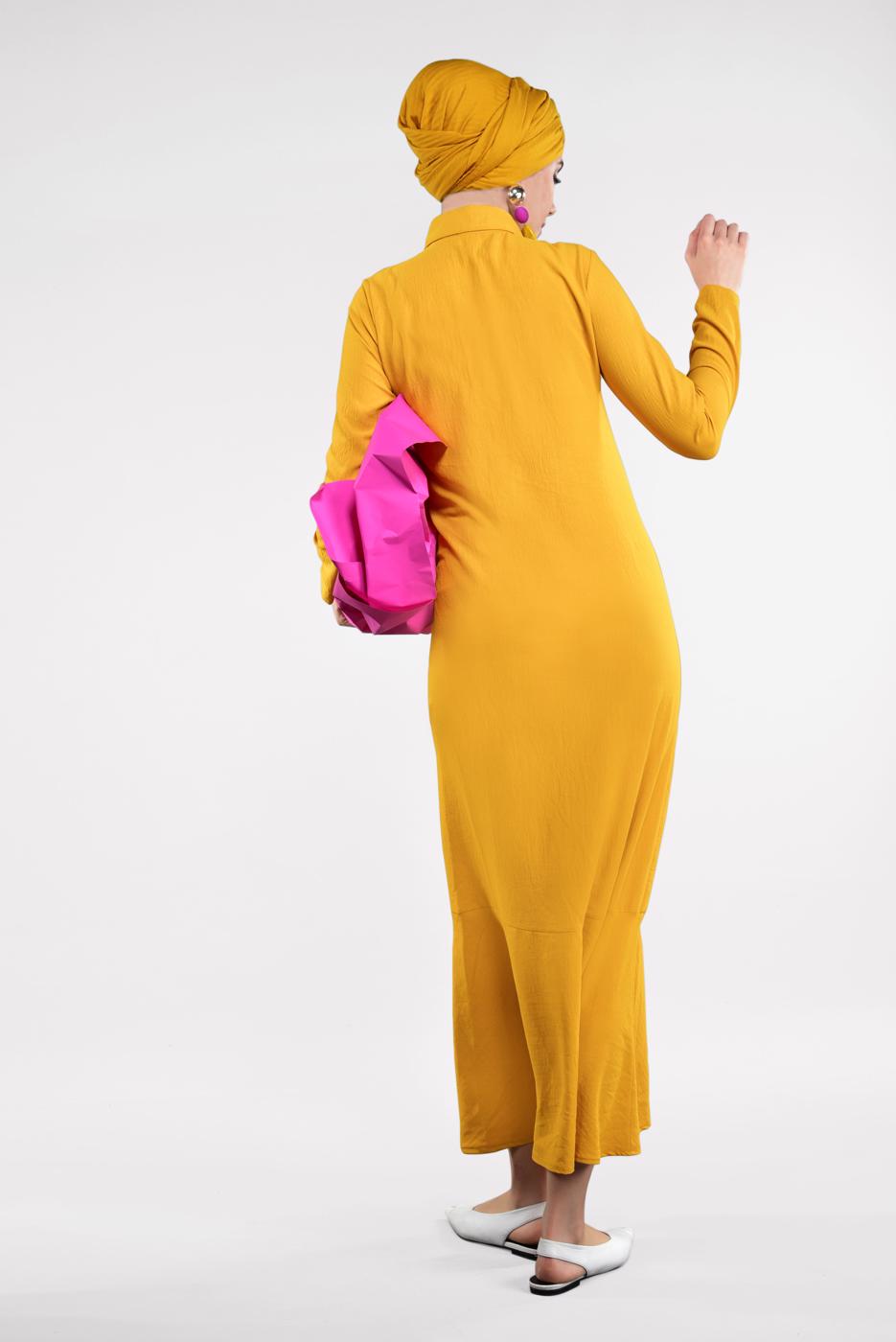 Tesettür giyim TURUNCU ETEK UCU VOLANLI PAMUKLU ELBİSE 8221