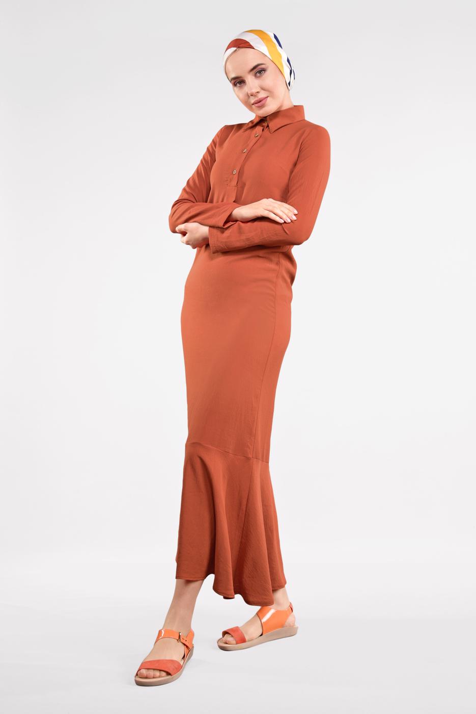 Tesettür giyim TURUNCU ETEK UCU VOLANLI PAMUKLU ELBİSE 8221
