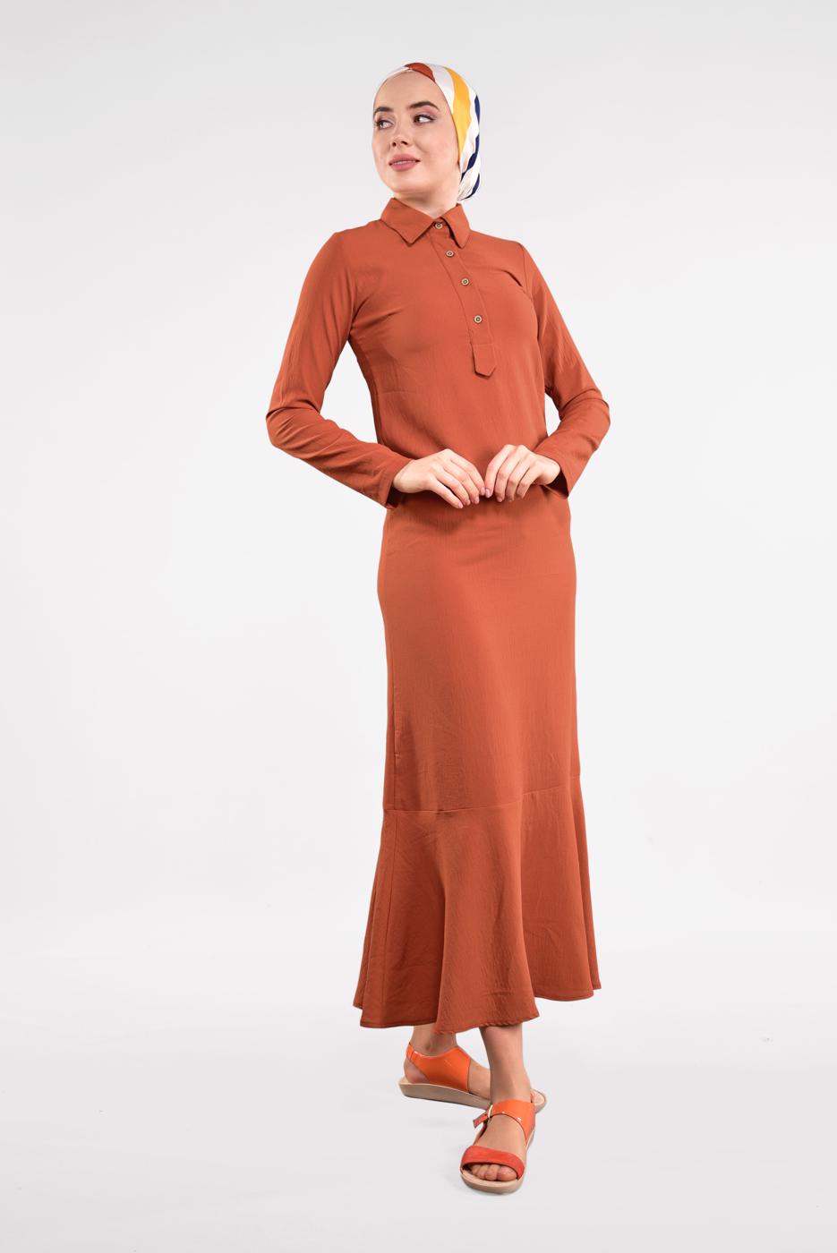 Tesettür giyim TURUNCU ETEK UCU VOLANLI PAMUKLU ELBİSE 8221
