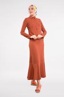 Tesettür giyim TURUNCU ETEK UCU VOLANLI PAMUKLU ELBİSE 8221
