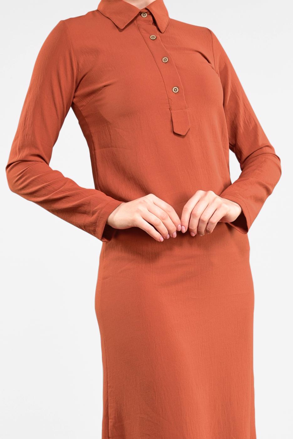 Tesettür giyim TURUNCU ETEK UCU VOLANLI PAMUKLU ELBİSE 8221