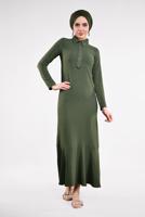 Tesettür giyim HAKİ ETEK UCU VOLANLI PAMUKLU ELBİSE 8221