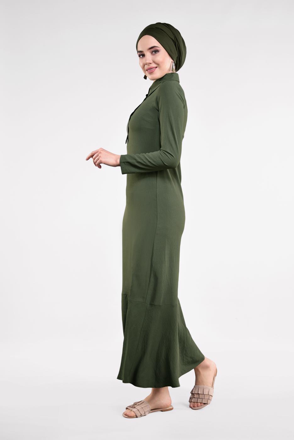 Tesettür giyim HAKİ ETEK UCU VOLANLI PAMUKLU ELBİSE 8221