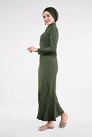 Tesettür giyim HAKİ ETEK UCU VOLANLI PAMUKLU ELBİSE 8221