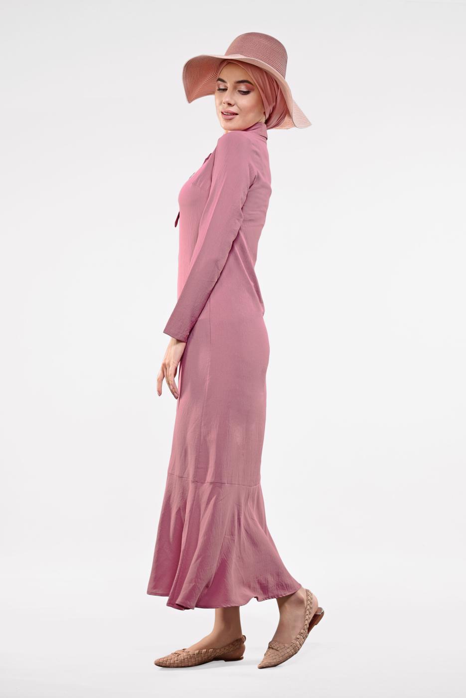 Tesettür giyim PUDRA ETEK UCU VOLANLI PAMUKLU ELBİSE 8221