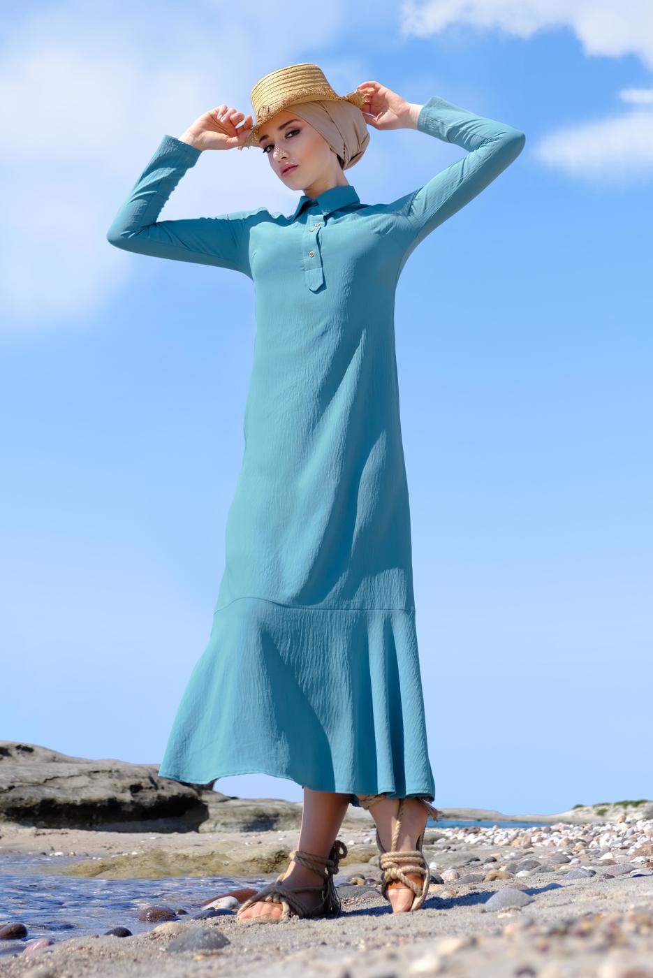 Tesettür giyim MAVİ ETEK UCU VOLANLI PAMUKLU ELBİSE 8221