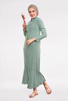 Tesettür giyim YEŞİL ETEK UCU VOLANLI PAMUKLU ELBİSE 8221
