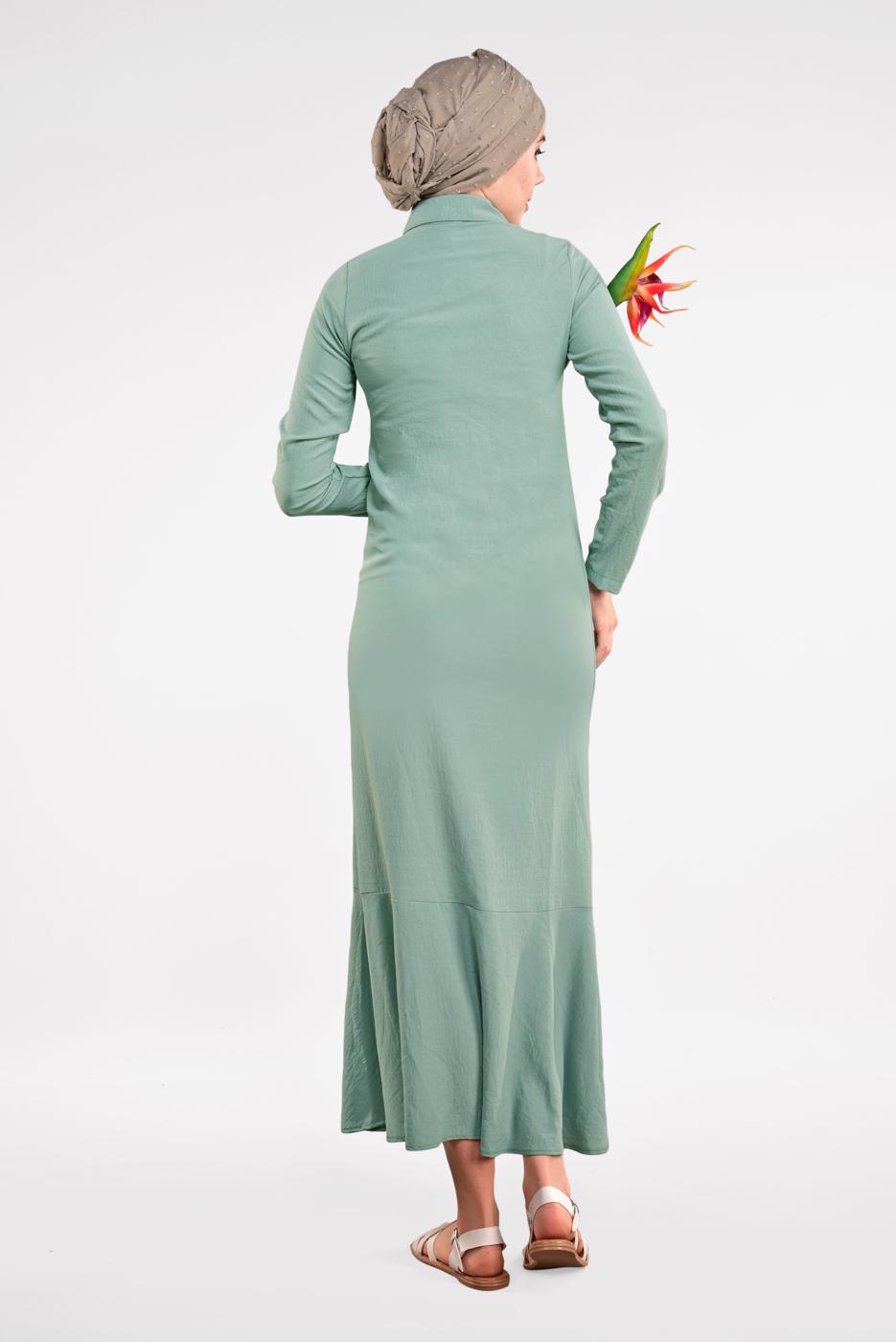Tesettür giyim YEŞİL ETEK UCU VOLANLI PAMUKLU ELBİSE 8221