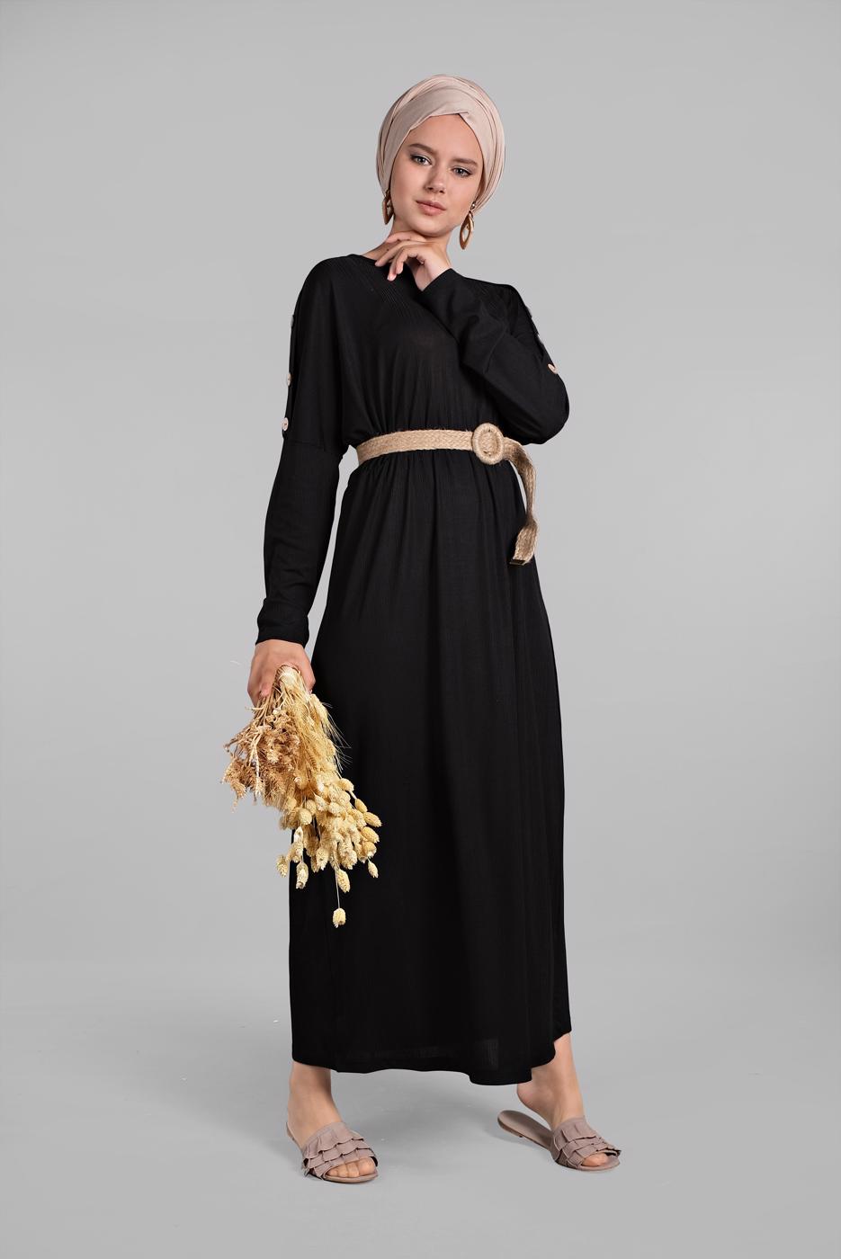 Tesettür giyim SİYAH KOLLARI DÜĞME DETAYLI SALAŞ ELBİSE  8225