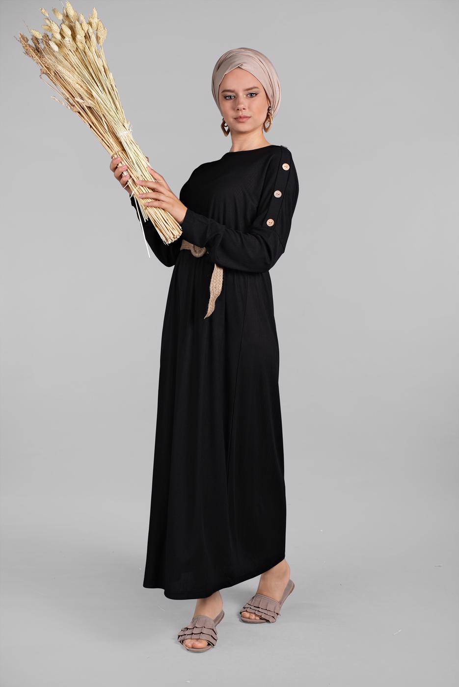 Tesettür giyim SİYAH KOLLARI DÜĞME DETAYLI SALAŞ ELBİSE  8225