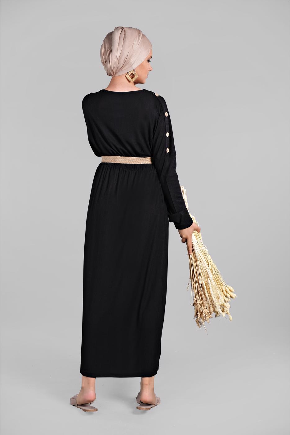 Tesettür giyim SİYAH KOLLARI DÜĞME DETAYLI SALAŞ ELBİSE  8225
