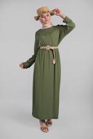 Tesettür giyim HAKİ KOLLARI DÜĞME DETAYLI SALAŞ ELBİSE  8225