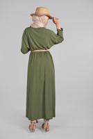 Tesettür giyim HAKİ KOLLARI DÜĞME DETAYLI SALAŞ ELBİSE  8225