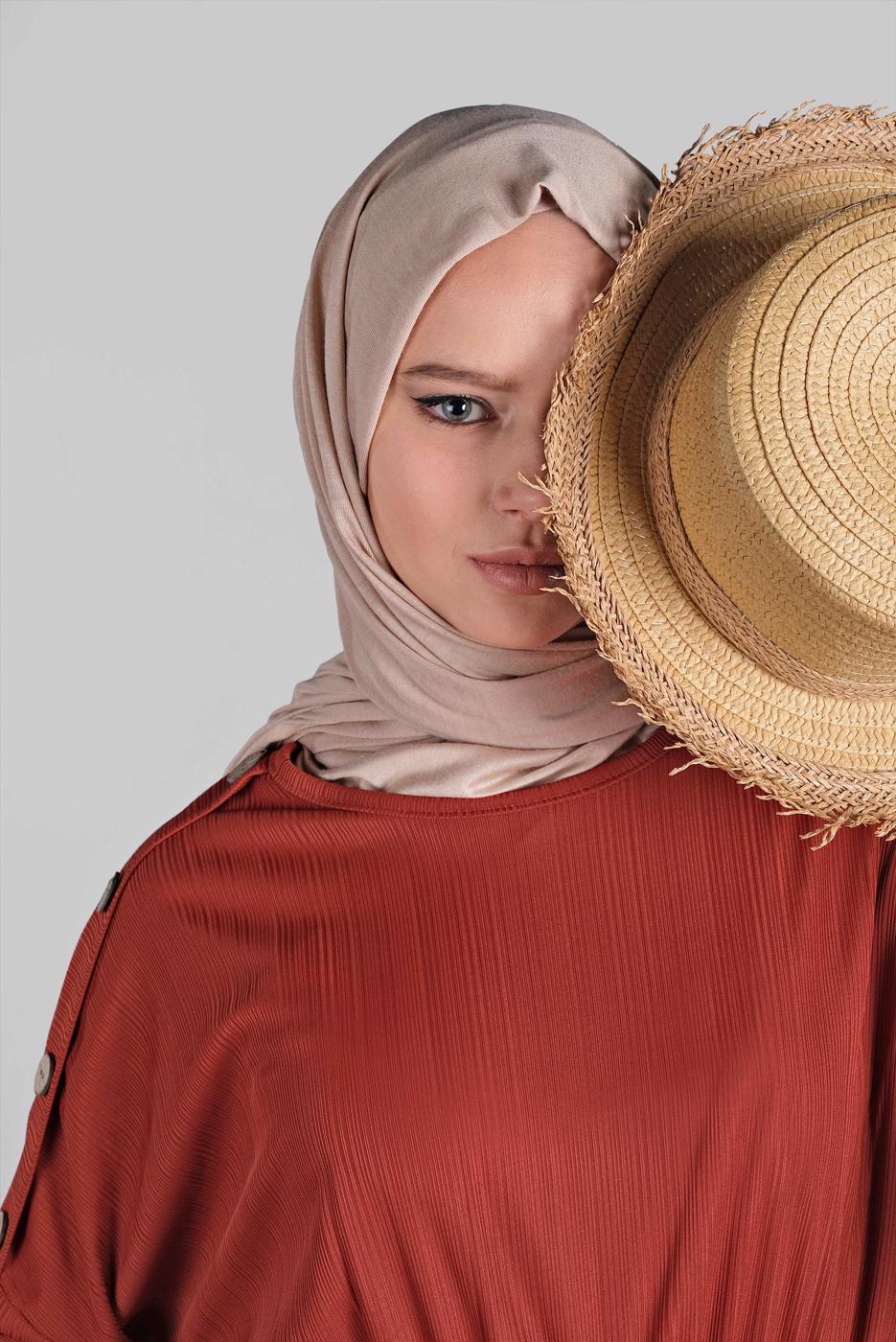 Tesettür giyim KAHVE KOLLARI DÜĞME DETAYLI SALAŞ ELBİSE  8225