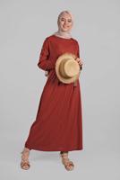 Tesettür giyim KAHVE KOLLARI DÜĞME DETAYLI SALAŞ ELBİSE  8225