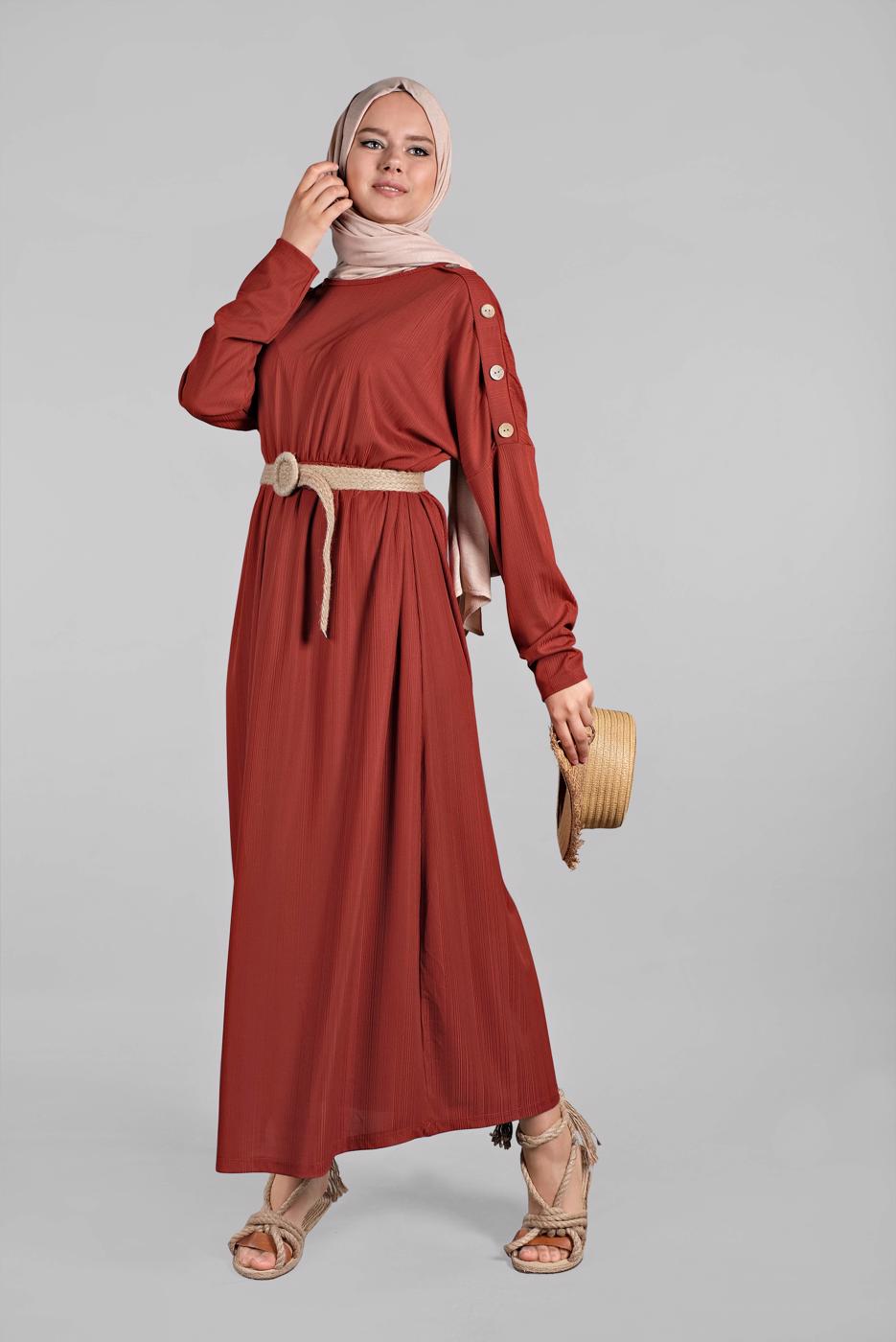 Tesettür giyim KAHVE KOLLARI DÜĞME DETAYLI SALAŞ ELBİSE  8225