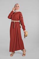 Tesettür giyim KAHVE KOLLARI DÜĞME DETAYLI SALAŞ ELBİSE  8225